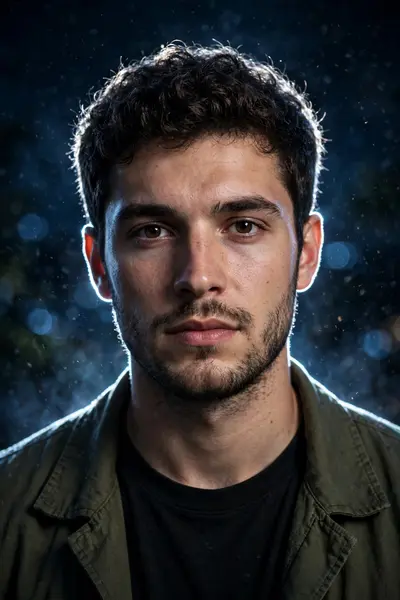 Ultra realistic cinematic night portrait of a person, 100% face match, keep the exact same face, hairstyle, expression, outfit, and natural