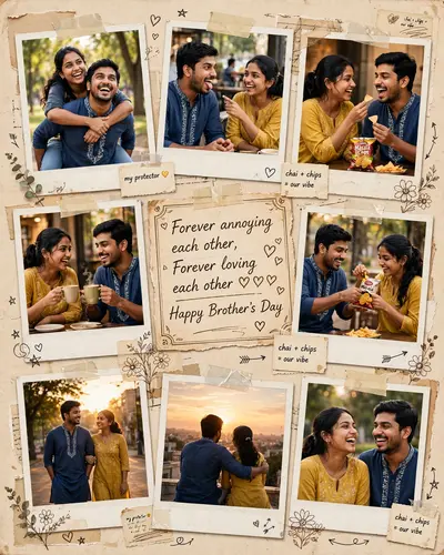 Ultra realistic cinematic Brother-Sister scrapbook collage poster using ONLY the uploaded reference photos. Preserve the EXACT facial identity, skin