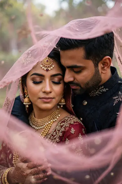 100% (reference face), create Close-up, romantic wedding portrait. South Asian couple. Bride in deep red/maroon traditional bridal wear, heavy gold