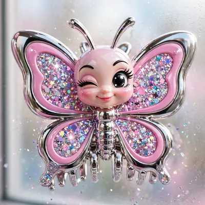 Glossy bubblegum pop-art style composition of a butterfly-clipped hair icon winking at the camera, chrome and glitter everywhere. Frosted window