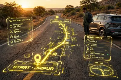route directly onto the road surface with glowing yellow GPS lines and interface elements integrated into the asphalt. asphalt. Show route duration