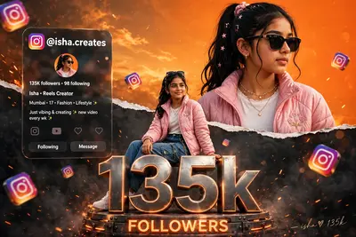 Ultra realistic Instagram milestone celebration poster design. A stylish Indian teenage girl with trendy sunglasses, wearing the exact same outfit