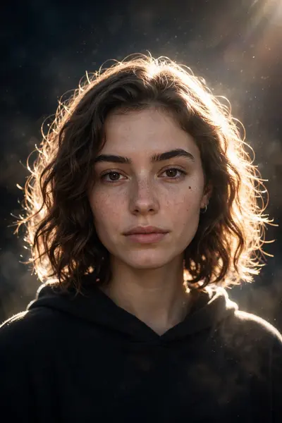 Create a cinematic dreamy night portrait with a strong soft white backlight glow behind the subject, creating a bright natural halo around the hair
