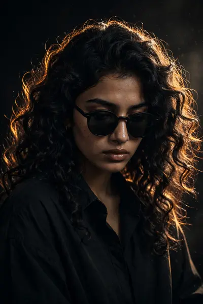 Ultra-realistic cinematic studio portrait of a young Indian woman, front-facing pose with head slightly tilted down, eyes looking downward