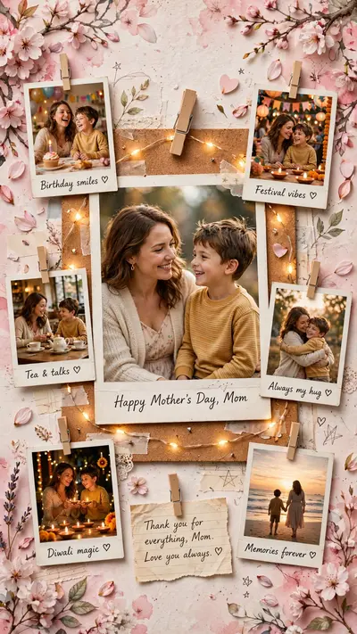 Create a heartwarming and aesthetic Mother’s Day scrapbook collage in vertical 9:16 ratio. Use a soft pink floral background with elegant cherry