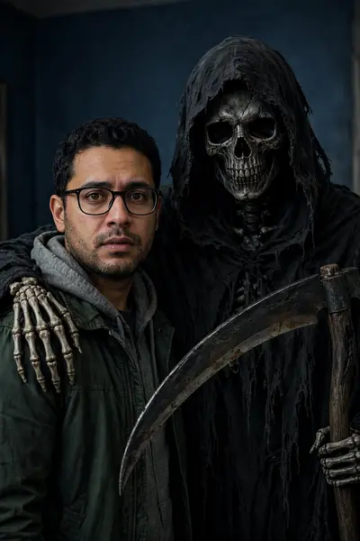 ADD THE HIM STANDS A DARK, EERIE GRIM REAPER WEARING A BLACK HOODED CLOAK, WITH A SKULL FACE AND HOLDING A LARGE SCYTHE. THE REAPER'S ARM IS PLACED