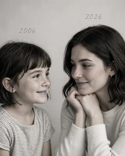 Let the formation be as follows: On the left: a child version of me (from a childhood photo) looking with an innocent smile to the riaht, with 2006