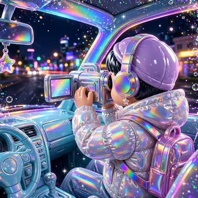 a camcorder vlogger filming a night drive in shiny plastic-toy render style, frozen in a flash of early-2000s magic. Iridescent rainbow rim light
