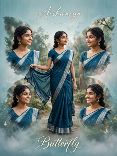 Create a high-resolution, cinematic butterfly-themed collage poster of a young South Indian woman. Use the uploaded image as the exact face reference