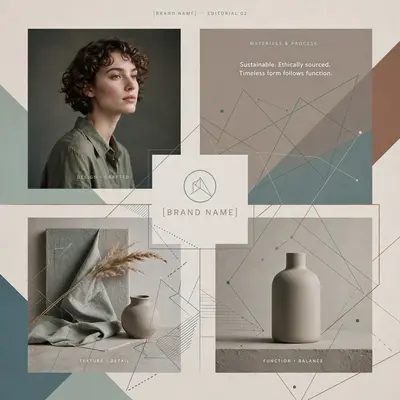 Create a 2x2 editorial grid design for [BRAND NAME] featuring geometric overlays and layered composition. Use a muted version of the brand color