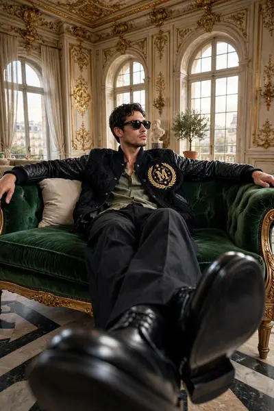 Ultra-realistic fashion editorial portrait of a male model lounging on a luxurious vintage sofa in a grand room with ornate walls and large arched