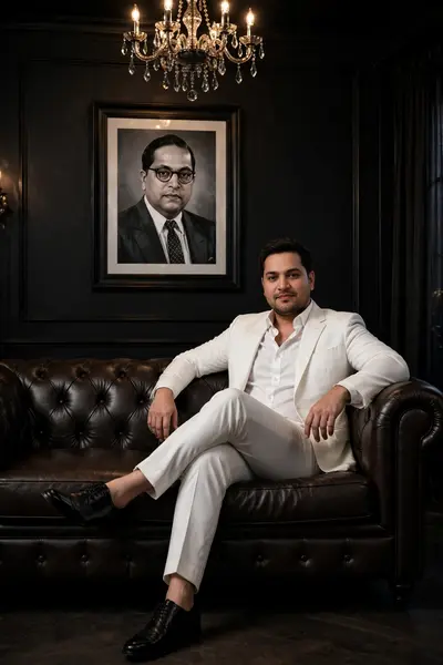 Hyper-realistic cinematic portrait of the man from the reference photo. A confident man sits on a luxurious dark-brown leather sofa in a dark