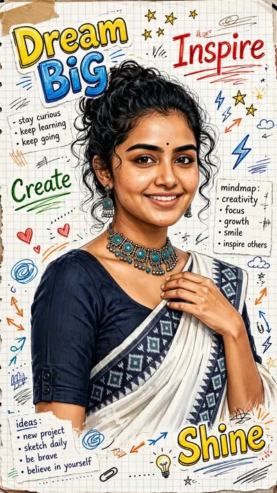 “A high-quality semi-realistic digital illustration of a smiling young Indian woman with a radiant expression, resembling actress Anupama
