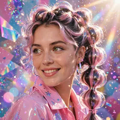 Playful glitter-bomb pop collage style portrait of a bubble-braid hairstyle catching the light, glitter drifting through the air. Dreamy lens-flare
