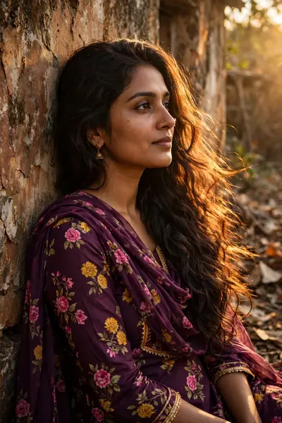 Create a warm, cinematic portrait of a woman wearing traditional indian outfit, deep plum floral printed salwar kameez with golden and pink flowers