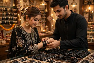 A romantic scene of a young South Asian couple at a traditional jewelry shop. The woman is elegantly dressed in black embroidered outfit, wearing