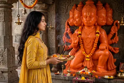 A side-profile medium shot of a young Indian woman standing in a temple. She is facing right, holding a golden puja thali (offering plate) with
