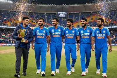 Keep my face same as reference. Ultra-realistic walking celebration at Narendra Modi Stadium. I walk on pitch holding trophy with Ishan Kishan