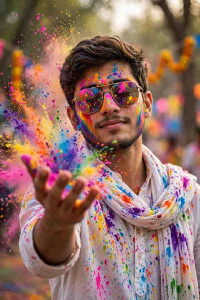 Ultra-realistic cinematic Holi portrait of a young man (early 20s) with the same face as the uploaded image. He is wearing a white kurta with a long
