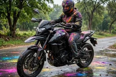 Ultra-realistic cinematic photo of my vehicle with rider if present, fully covered in vibrant Holi colors. Bright gulal on vehicle body, mirrors