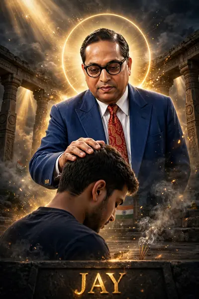 Ultra-realistic cinematic digital art of B.r ambedkar (baba sahab) standing behind a me, B.r ambedkar blessing him by gently placing one hand on his