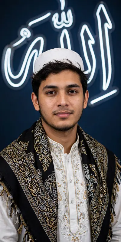 Create a vertical waist-up studio portrait of a young man (Do NOT change the face). He wears an intricately embroidered white traditional kurta and