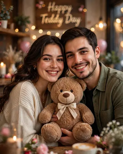 Ultra-realistic romantic Teddy Day (Valentine’s Week) couple portrait, cozy indoor café / romantic lifestyle setting with warm ambient lighting, soft