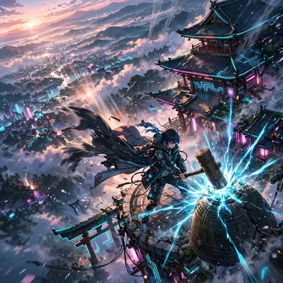 Epic anime splash art featuring a temple bell striker at dawn in sleek cyber-anime hybrid style, energy crackling around the figure. Dramatic neon