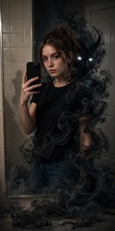 Transform this mirror selfie into a dark, cinematic fantasy scene. Keep the person exactly the same same face, pose, outfit, lighting, and