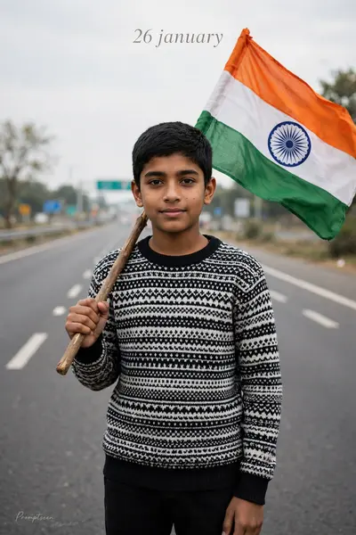 Uploaded hyper-realistic, minimalist patriotic portrait of an Indian boy standing normally with DSLR-like clarity. He holds a large stick, a waving