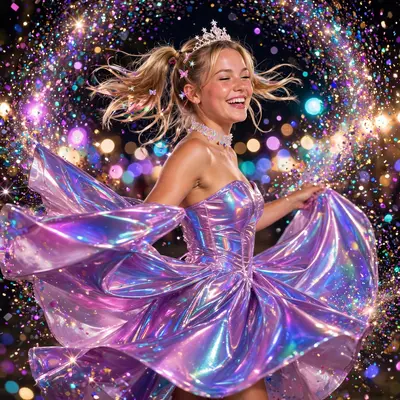 High-shine glossy Y2K digicam aesthetic artwork of a prom queen twirling in iridescent fabric, glitter exploding around the frame. Sparkling glitter