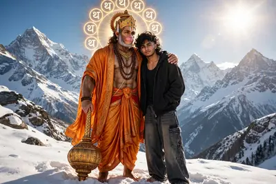 ULTRA-REALISTIC PORTRAIT OF A STYLISH YOUNG MAN [KEEP IT REAL FACE FROM UPLOADED IMAGE] "A HYPER-REALISTIC, SOULFUL OF LORD HANUMAN AND YOUNG MAN