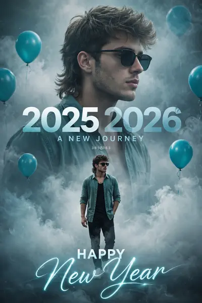 A stylish, cinematic New Year's greeting photo manipulation. A young, cool-looking man with trendy hair (mullet-style) and sunglasses, wearing a