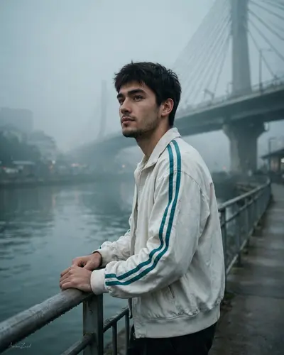 Ultra-realistic cinematic portrait, quality, moody cool-tone color grading with teal and gray shades. A young man standing near a riverside walkway