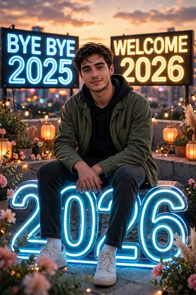 Ultra-realistic close-up New Year photoshoot featuring the handsome young man from the uploaded photo, soft charming smile, seated on glowing