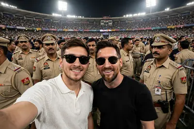 A realistic, wide-angle POV selfie taken by a young man in a white textured polo shirt. He is standing next to Lionel Messi, who is wearing a black