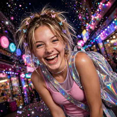 early-2000s teen magazine photography moment with a holographic backpack slung over one shoulder, caught mid-laugh in flash-lit glory. Candy-colored