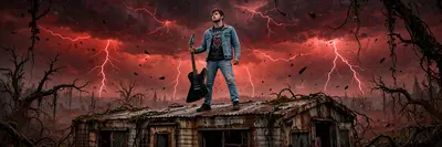 A ultra wide shot of this person standing bravely on the roof of a rusted mobile home trailer. They are wearing a Hellfire Club t-shirt, a light blue