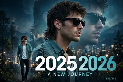 A stylish, cinematic New Year's greeting photo manipulation. A young, cool-looking man with trendy hair (mullet-style) and sunglasses, wearing a