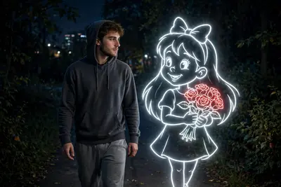 Generate A person(clearly looking his face 100% same facial features of uploaded image) in a hoodie and sweatpants walks along a path at night,ooking