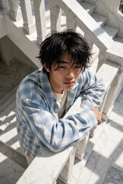 High-angle fashion portrait of a 16-year-old Asian man, with thesame facial features as the man in the reference photo, messy hairstyle framed on his
