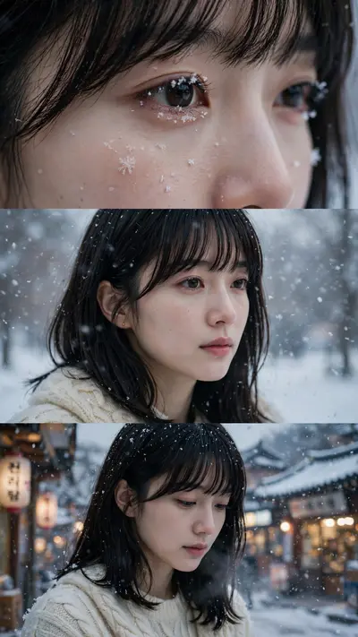 identical face shape, eyes, nose, lips, ears, and hairstyle from the uploaded woman. Create a 9:16 vertical cinematic composite photo divided into 3