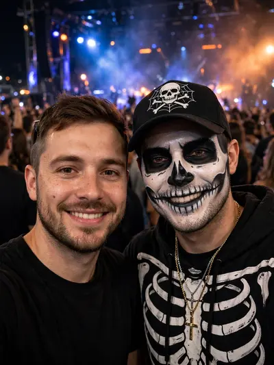 Create a realistic selfie of two men at a live concert with bright stage lights and a crowd in the background.The first person (user) wears a black