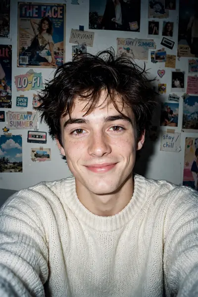 Without changing his original face, create a portrait ofa beautiful young man, captured with a 1990s-stylecamera using a direct front flash. His