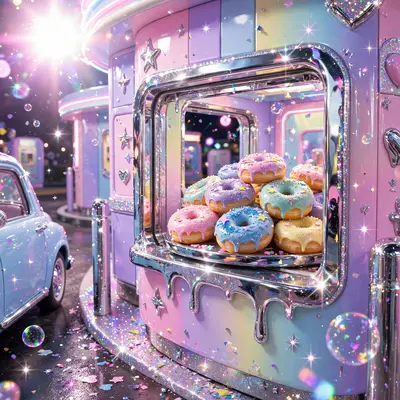 Glossy nostalgic Y2K digital art composition of a frosted-donut run at a pastel drive-thru, chrome and glitter everywhere. Pastel gradient glow wash