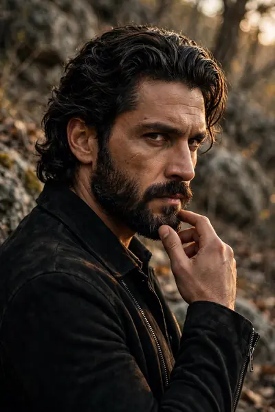 Ultra-realistic cinematic portrait of a rugged and confident man (face and wavy hairstyle will same as uploaded picture) standing outdoors with a