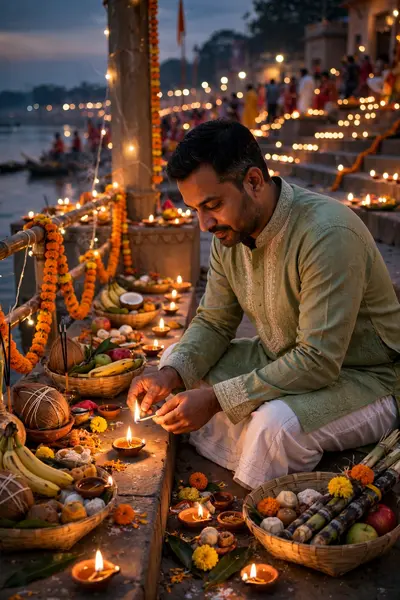 Create an image of chhath Puja celebration a festival of bihar.this picture is of evening and use the image provided of the man is lighting the lamp