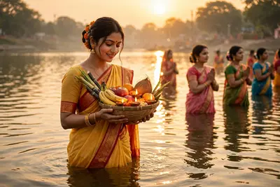 A beautiful Indian woman wearing a traditional yellow saree with red and golden border, standing gracefully in knee-deep river water during Chhath