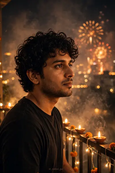 Use face image: A hyper-realistic cinematic portrait of a man standing on his balcony during Diwali night, wearing a casual black t-shirt and curly