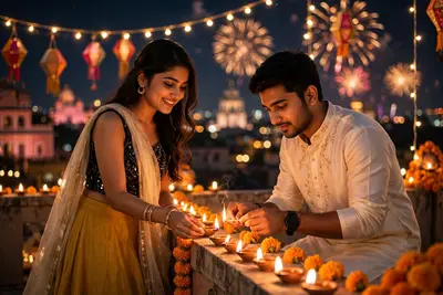 Ultra-realistic DSLR Happy Diwali rooftop portrait of t he same young Indian couple (faces, hairstyles, and features must remain 100% identical to